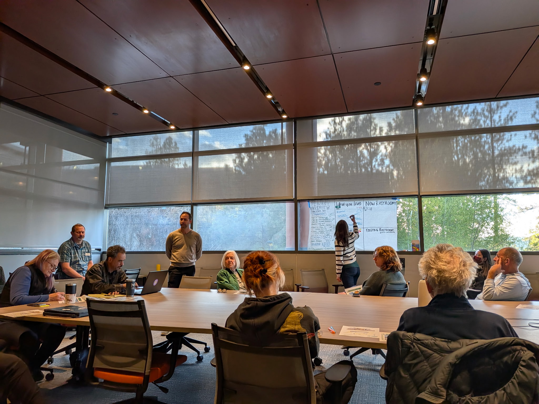 Neighbors sitting at a table with meeting facilitation being recorded